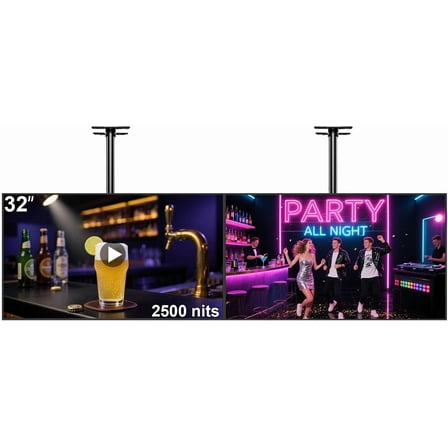32 inch Digital Signage, 2500 Nits High Brightness Advertising Display, Slim Fit Frameless LCD Monitor, CMS Remote Publishing, 24/7 Operation, Smart Split Screen Play, HDMI/USB/WiFi