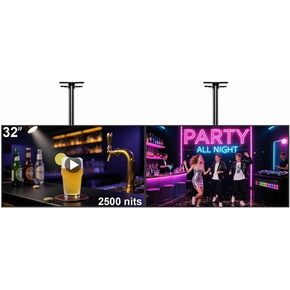 32 inch Digital Signage, 2500 Nits High Brightness Advertising Display, Slim Fit Frameless LCD Monitor, CMS Remote Publishing, 24/7 Operation, Smart Split Screen Play, HDMI/USB/WiFi