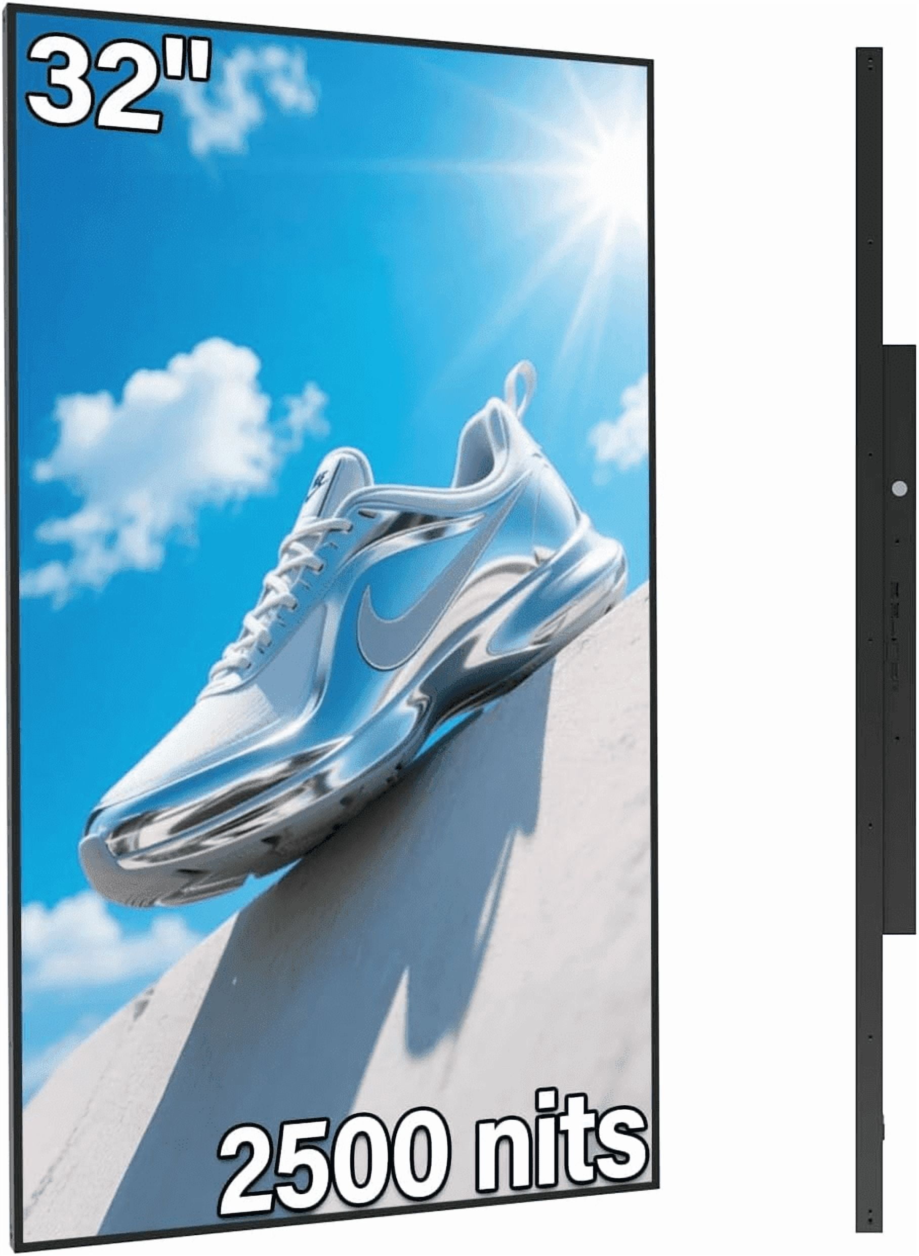 32 inch Digital Signage, 2500nits High Brightness Advertising Display, Slim Fit Frameless LCD Monitor, CMS Remote Publishing, 24/7 Operation, Smart Split Screen Play, HDMI/USB/WiFi/Android System