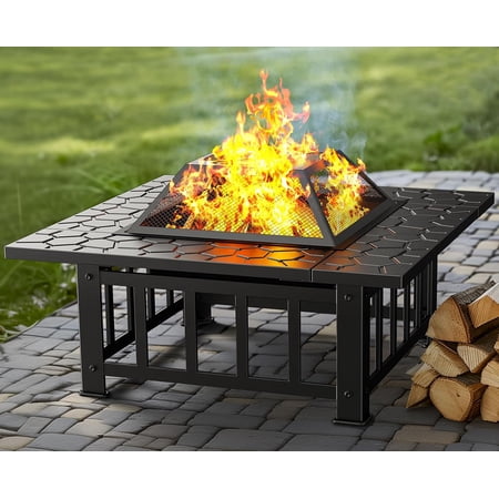 32 inch Fire Pit 3-in-1 Multipurpose Outdoor Fire Pit Table with Spark Screen, 22-inch Fire Poker, Rain Cover for Camping, Backyard, Patio, CIFP01B