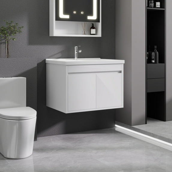 32 inch Floating Bathroom Vanity with Ceramic Sink, Soft-Close Door, Wall-Mounted Modern Design, Waterproof Plywood for Small Space, Imitation Oak (Faucet Not Included)