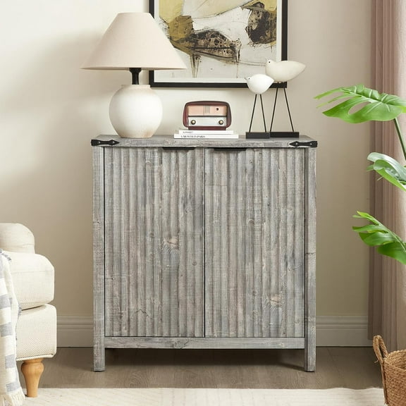 32-inch Fluted Sideboard Cabinet - Rustic Modern Farmhouse Storage Organizer with Adjustable Shelves, Coffee Bar, Entryway Furniture for Kitchen, Living Room (Grey)