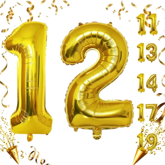 Gold 12 Number Balloon 32 inch Giant Helium & Air Filled Foil Mylar Self-Seal Balloons for 12th Birthday, Anniversary, Graduation, Party Celebration