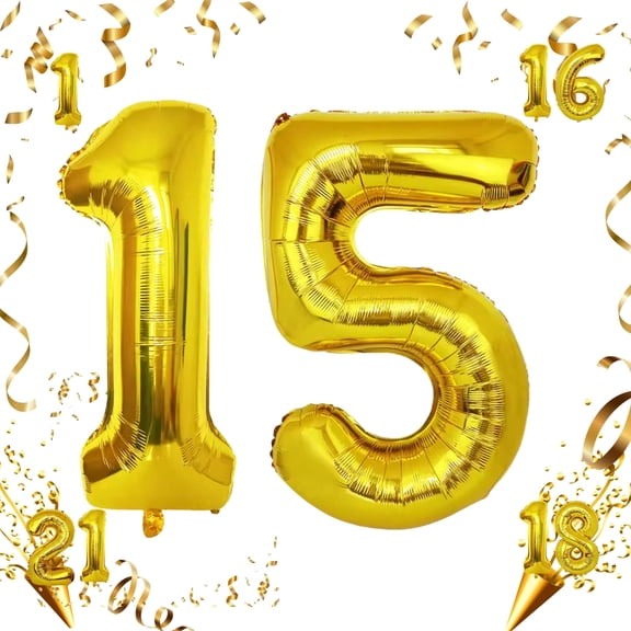 Gold 15 Number Balloon 32 inch Large Helium & Air Inflation Foil Mylar Self-Seal Balloons for 15th Birthday, Anniversary, Graduation Party Decoations