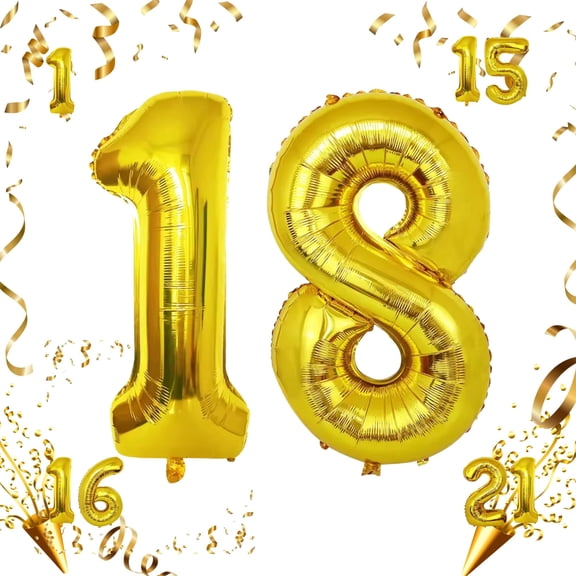 32 inch Gold Foil Mylar Number 18 Balloon for Helium & Air Inflation Self-Seal Balloons for 18th Birthday, Anniversary, Graduation, Event Decorations