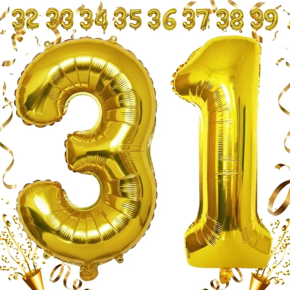 Gold 31 Number Balloon 32 inch Huge Helium & Air Filled Foil Mylar Self-Seal Metallic Balloons for 31st Birthday, Anniversary, Graduation Decorations