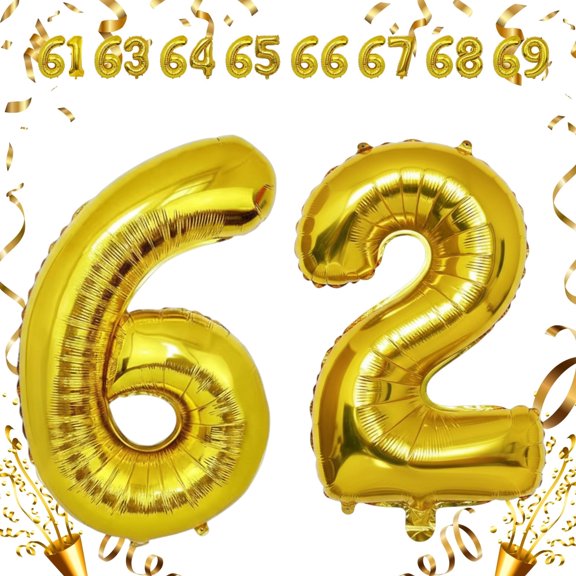 Gold 62 Number Balloon 32 inch Helium & Air Filled Foil Mylar Self-Seal Metallic Balloons for 62nd Birthday, Anniversary, Graduation Event Ceremony
