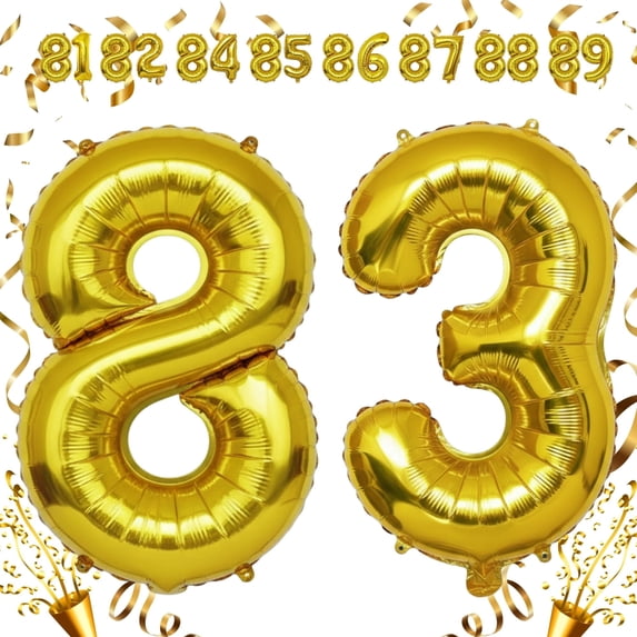 Gold Number 83 Mylar Foil Balloon 32 inch - Helium or Air Filled Metallic Balloons for 83rd Birthday Hbd Party, Anniversary, Graduation Decorations
