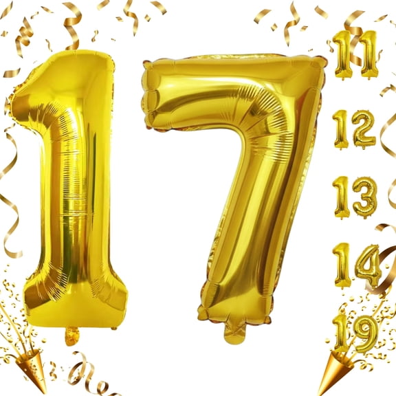 Gold 17 Number Balloon 32 inch Jumbo Helium & Air Inflation Foil Mylar Self-Seal Balloons for 17th Birthday, Anniversary, Graduation Party Decoations