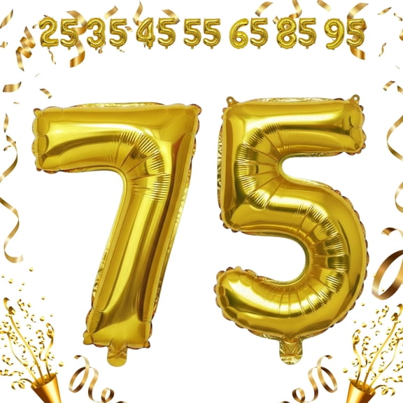 Gold 75 Number Balloon Foil Mylar 32 inch Self-Seal Jumbo Balloons Helium & Air Filled for 75th Birthday, Anniversary, Graduation, Milestone Décor