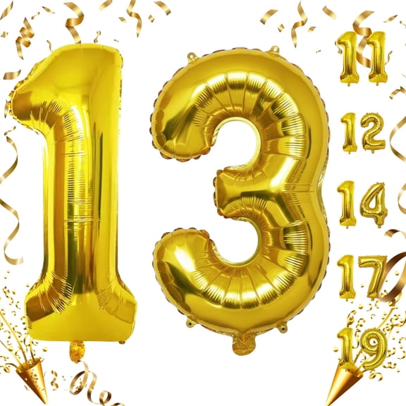 Gold 13 Number Balloon 32 inch Large Helium & Air Inflation Foil Mylar Self-Seal Balloons for 13th Birthday, Anniversary, Graduation Party Decoration