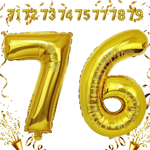 32 inch Large Gold Foil Mylar Number 76 Balloon - Helium & Air Filled Self-Seal Metallic Balloons for 76th Birthday, Anniversary, Graduation, Ceremony