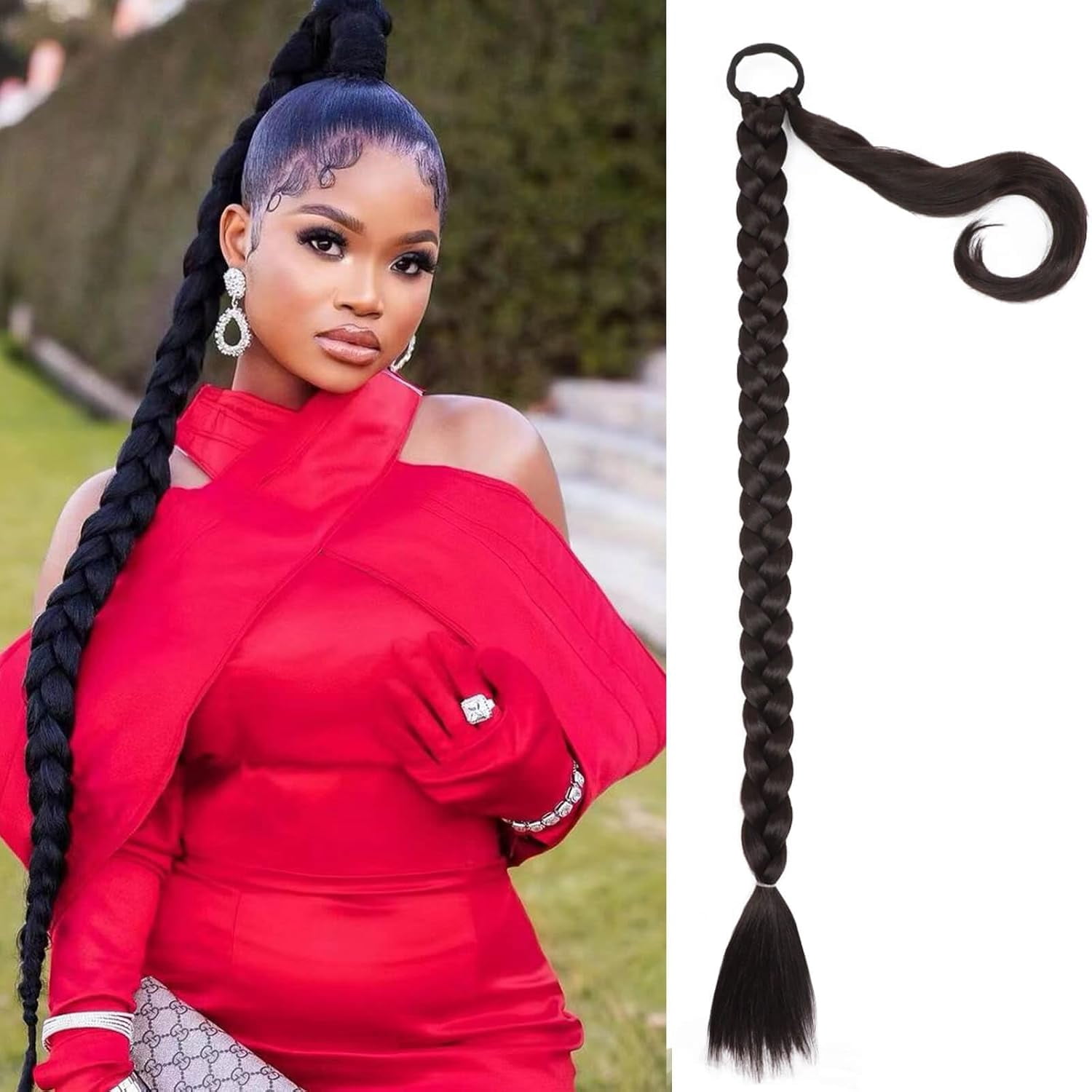 32 inch Long Braided Ponytail Extensions for Women, Straight Wrap ...
