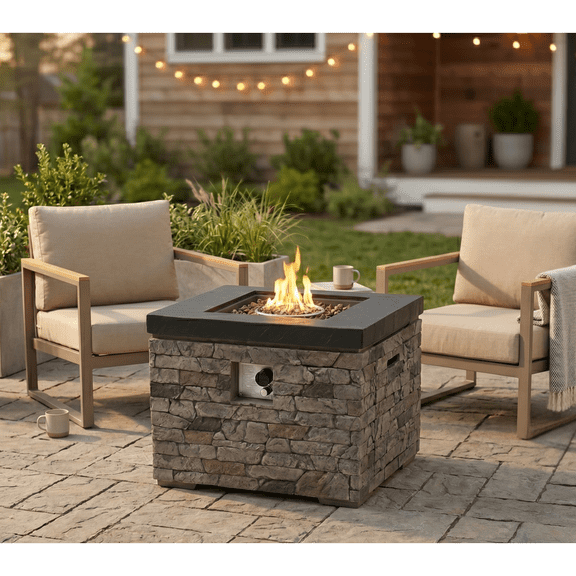 32-inch Outdoor Fire Pit Table, 40,000 BTU Propane Fire Pit, Lightweight Concrete Gas Fire Table with Lava Rocks, Burner Lid & Waterproof Cover, Rectangular Firepit for Patio Garden, Stone Look