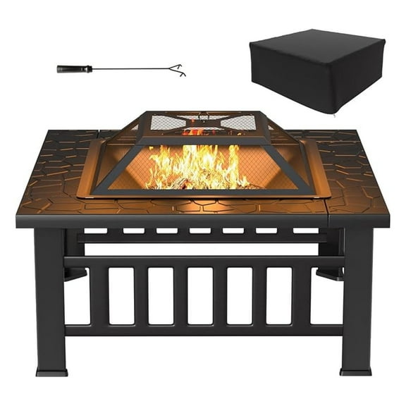 32-inch Outdoor Fire Pit Table, Metal Fireplace with Waterproof Cover for Patio, Backyard, BBQ, Camping, Black
