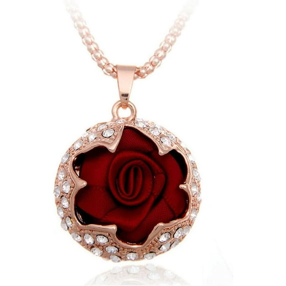 32 inch Rhinestone Round Flower Pendant Necklace for Women 14k Rose Gold Plated Long Crystal Circle Rose Floral Charm Chain Elegant Wedding Birthday Holiday Jewelry for Her