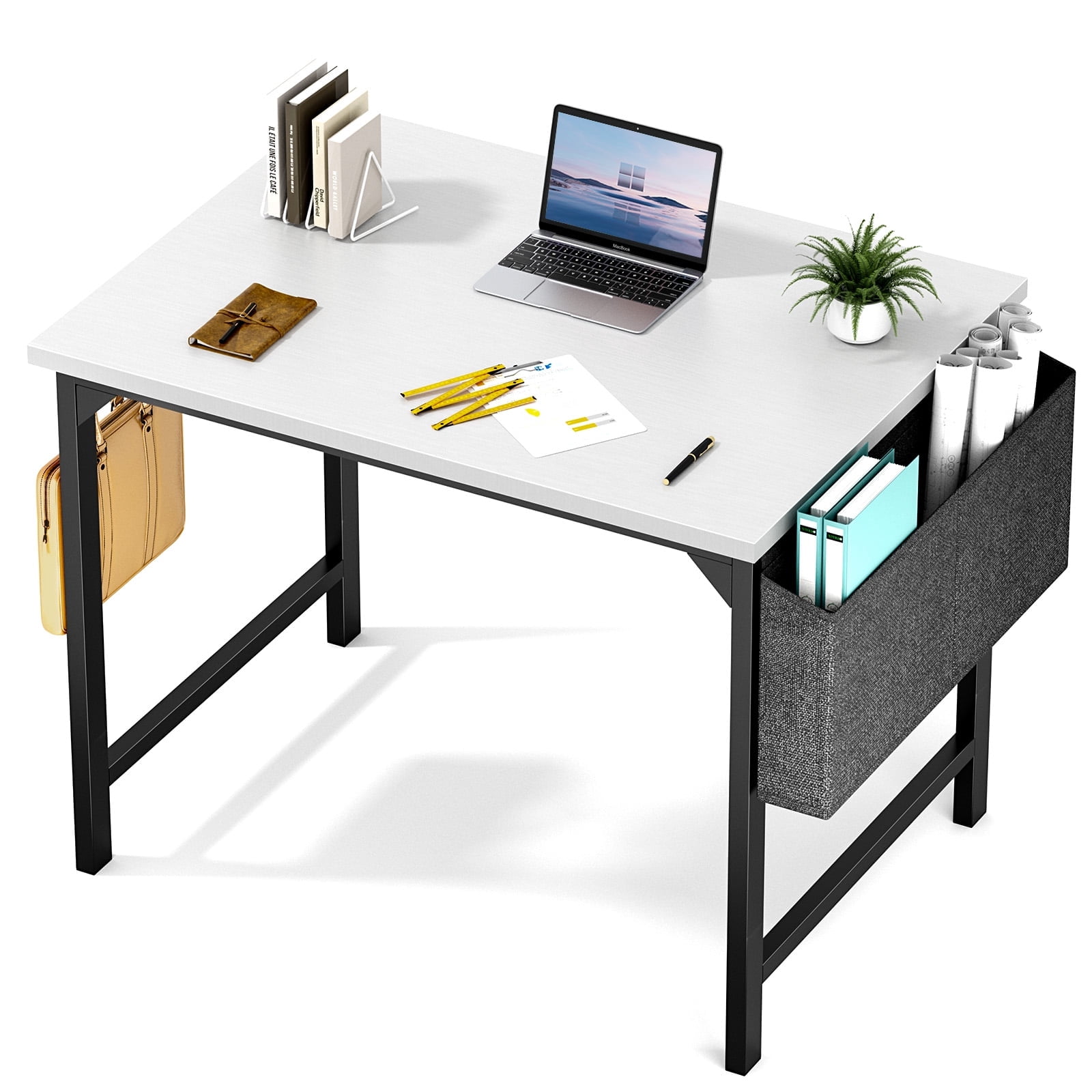 Aidoly 32 inch Small Computer Desk Writing Study Work Office Table Modern Simple with Storage Bag and Hook for Home Bedroom, White