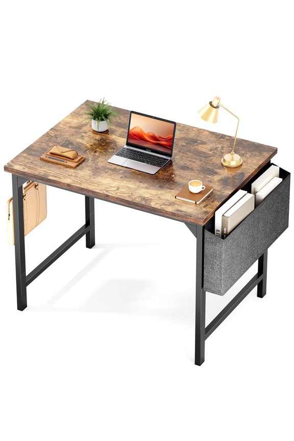 32 inch Small Computer Desk Writing Study Work Office Table Modern Simple with Storage Bag and Hook for Home Bedroom, Brown