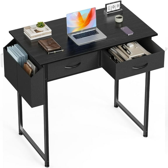 32 inch Small Desk with Drawers, Modern Study Writing Table Computer Desks with Storage Bag & Hook for Bedroom Home Office, Black