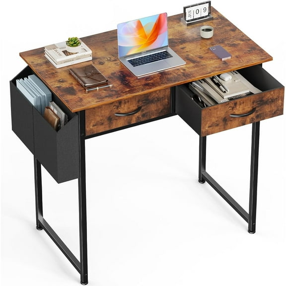 32 inch Small Desk with Drawers, Modern Study Writing Table Computer Desks with Storage Bag & Hook for Bedroom Home Office, Rustic Brown
