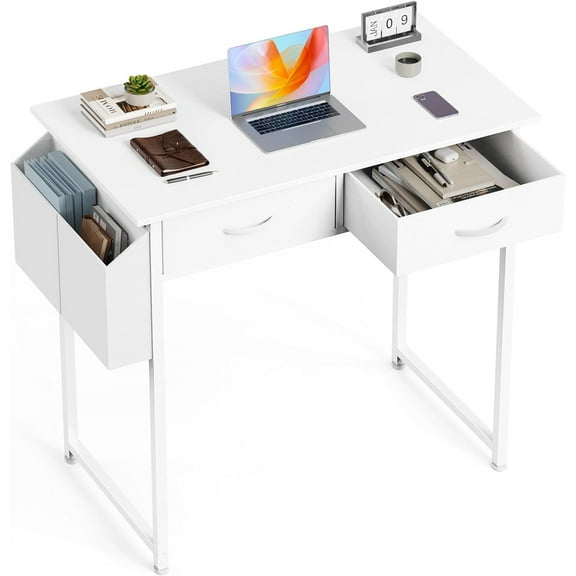 32 inch Small Desk with Drawers, Modern Study Writing Table Computer Desks with Storage Bag & Hook for Bedroom Home Office, White