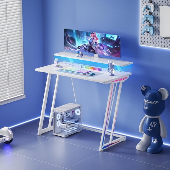 32-inch Small RGB Gaming Desk with LED Lights & Power Outlets | Compact Gaming Table for PC Setup, Carbon Fiber Surface, Monitor Stand | Space-Saving Computer Desk for Esports & Streaming, White