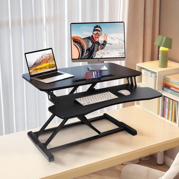 32 inch Standing Desk Converter, Height Adjustable Sit Stand Riser for Home Office with Keyboard Tray, Black