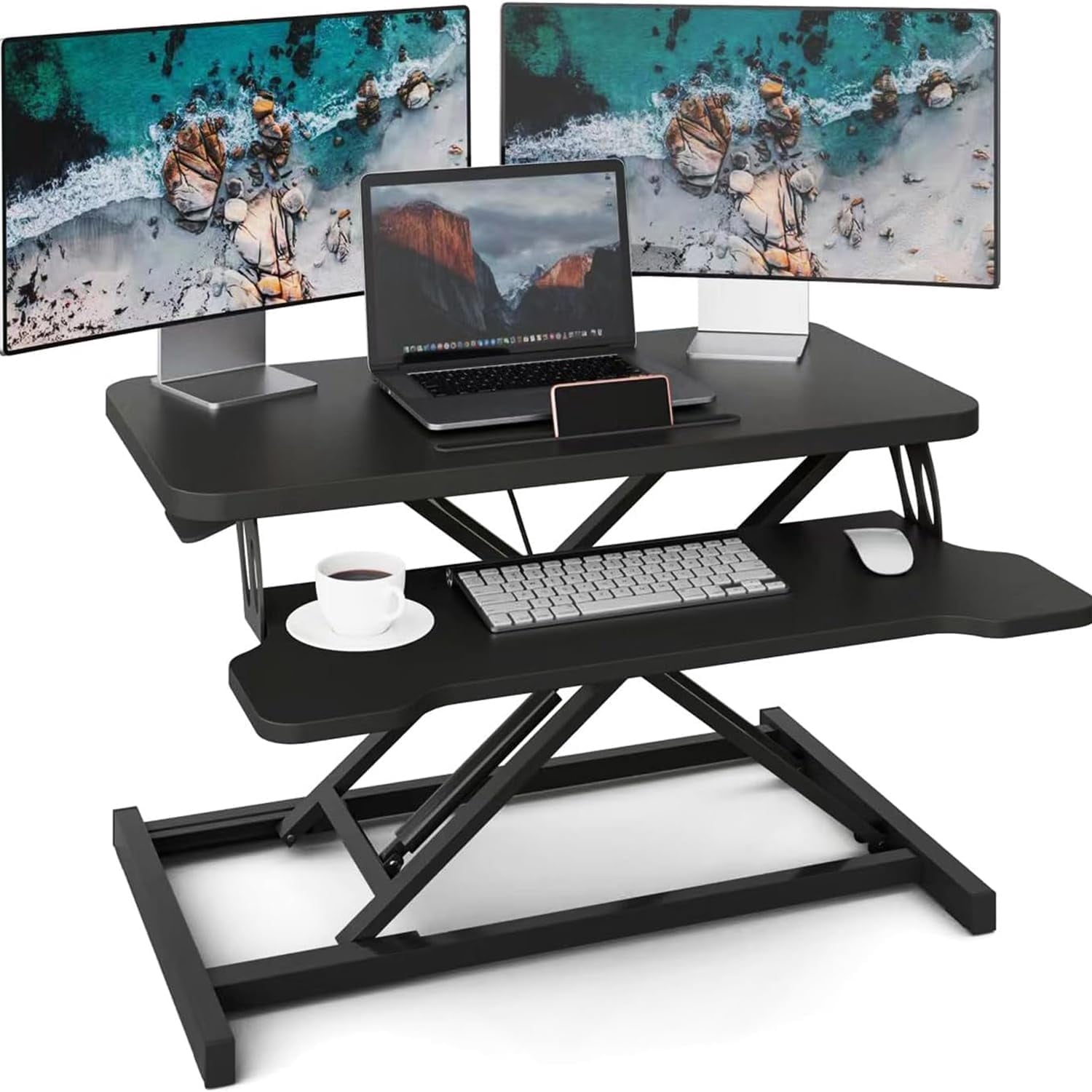 32 inch Standing Desk Converter, Height Adjustable Stand Desk, Stand up Desk Riser with Keyboard Tray, Stand Desk Riser for Dual Monitor and Laptop Workstation for Home Office (Black)