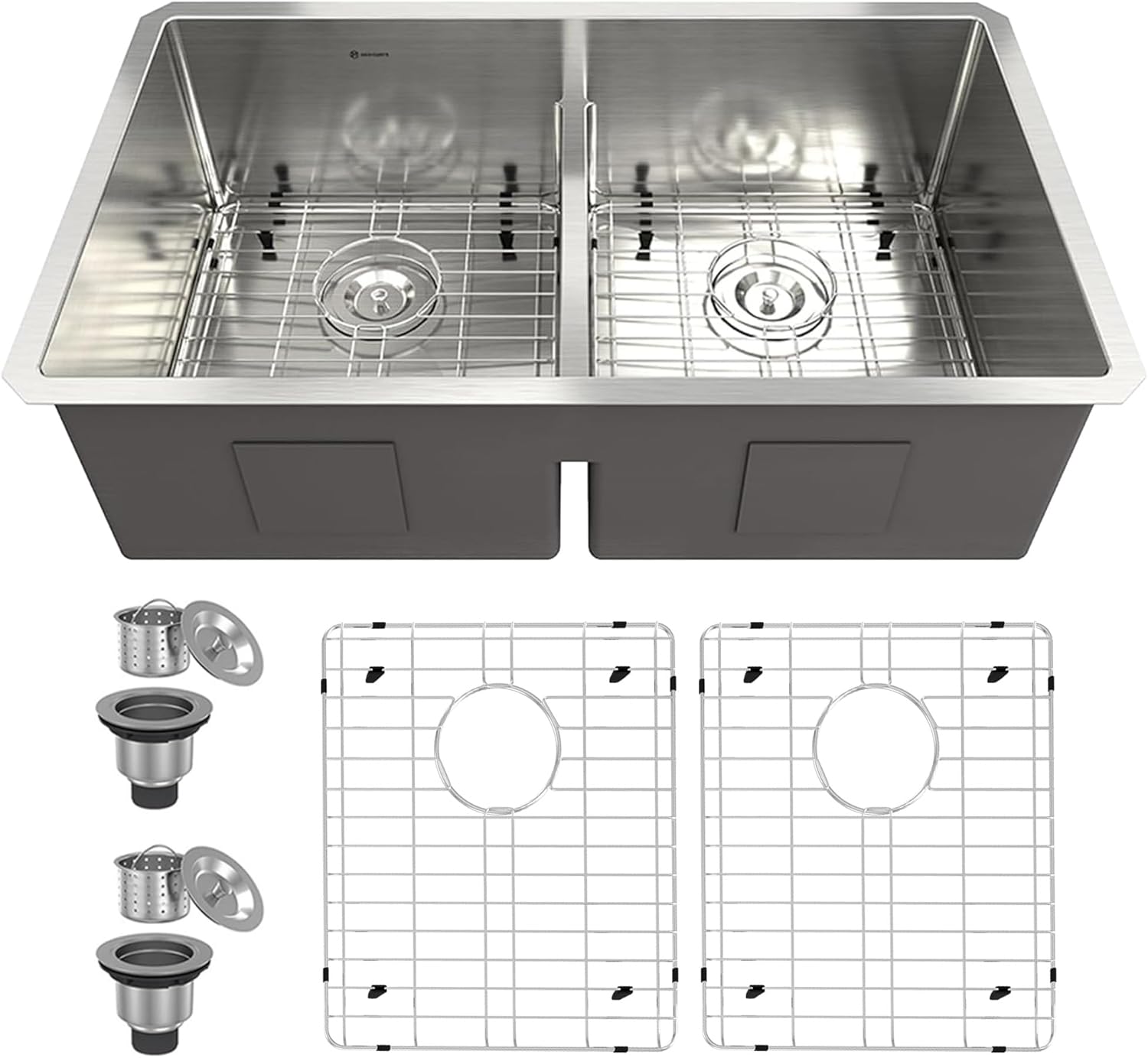 32 inch Undermount Kitchen Sinks, MONDAWE 50/50 Low Divide Double Bowl Sink 32x19, Handcrafted Stainless Steel 18 Ga Deep Sink with Strainers & Protective Bottom Grids, Fregaderos De Cocina 32x19x10