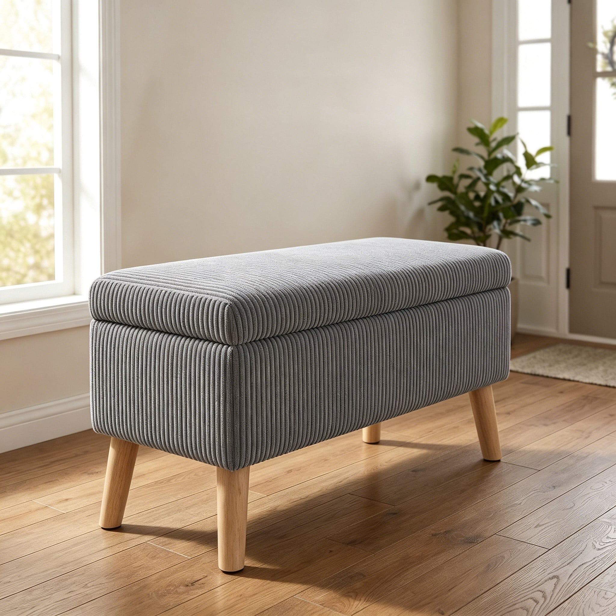 32 inch Wide Olive Grey Corduroy Storage Ottoman Bench with Wooden Legs, Flip-Top Storage Box, Soft Upholstered End of Bed Bench, Footrest & Shoe Bench for Bedroom, Living Room, Entryway