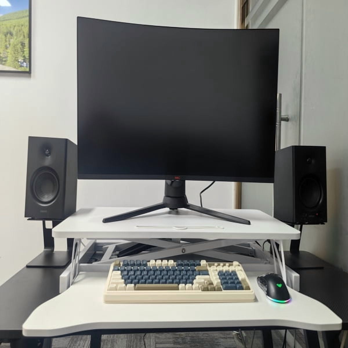 32 inch office desk converter, height adjustable sit stand lifter, dual monitor and laptop workstation, bandwidth keyboard stand, white