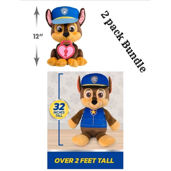 32-inches Paw Patrol Chase Jumbo Plush Toy with Embroidered Details & 12-inches Paw Patrol Lots of Love Chase Large Plush Stuffed Animal Toys Bundle of 2 Characters