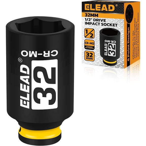 32 mm Socket 1/2" Drive Deep Impact Socket, Metric 6 Point 1/2-inch Axle Nut Sockets, CR-MO Set, Tools for Easy Removal of Shaft Nuts