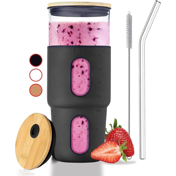 32-ounce black glass cup with straw and bamboo lid, silicone sleeve, reusable bubble tea cup, iced coffee cup, suitable for cup holder, not included, '