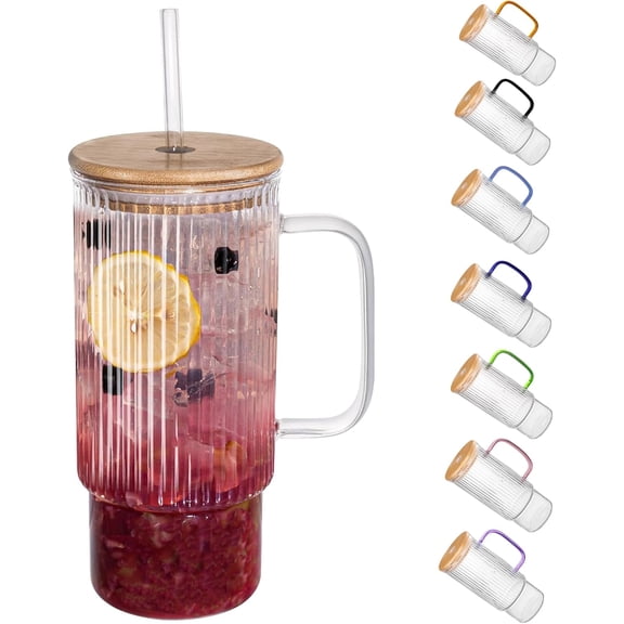 32-ounce ribbed glass with handle, bamboo lid and straw, glass cup, iced coffee cup, hot and cold drinks