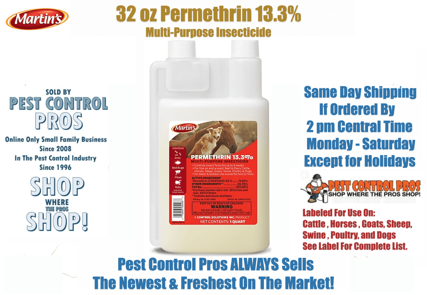 32 oz 13.3% Permethrin Kill Mites Flies etc on Livestock Dogs Poultry Farm Use