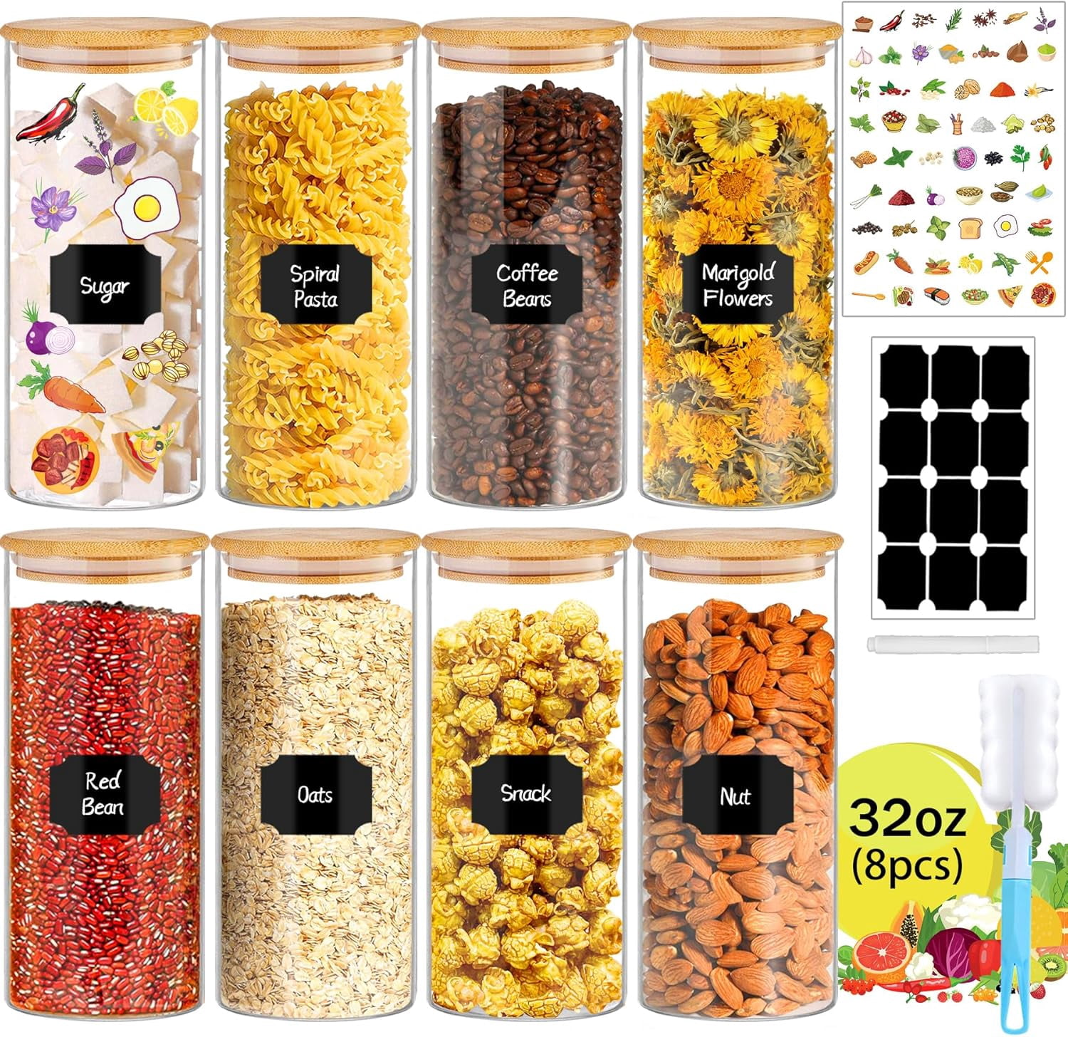 32 oz 8 count Glass Jars with , Stackable Clear Storage Jars, Airtight ...