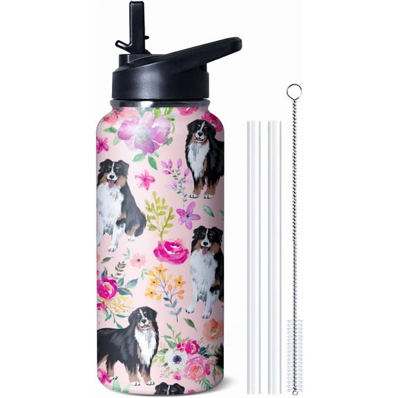 32oz Bernese Mountain Dog Tumbler - Insulated Stainless Steel Water Bottle with Straw & Flip Lid - Cute Dog Travel Cup for Berner Lovers (Gift Idea)