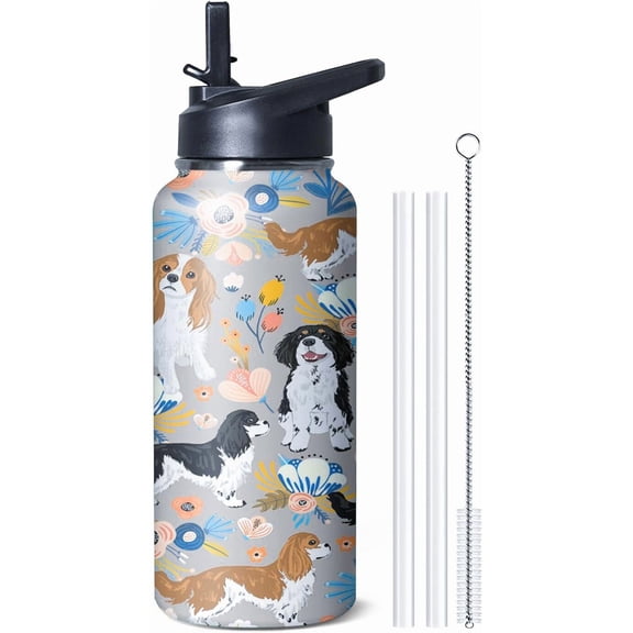 32 oz Cavalier King Charles Spaniel Water Bottle Cute Dog Tumbler Cavalier King Charles Spaniel Gifts Insulated Water bottle with Straws and Flip Lid Stainless Steel Dog Travel Cup