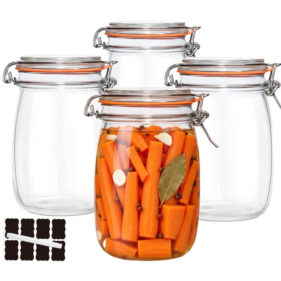 32 oz Clear Glass Airtight with Lid,4 Pack Air Tight Glass Pickling Jars,Wide Mouth Glass Storage Containers for Canning,Pickling,Fermenting