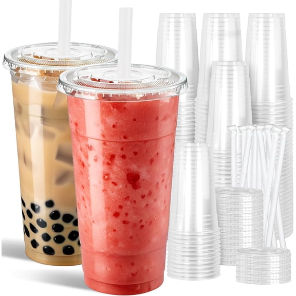 32 oz Clear Plastic Cups with Lids and Jumbo Straws | Leak-Proof & Sturdy Disposable To Go Iced Coffee Cups for Smoothie, Boba Milk Tea - 50 Pack