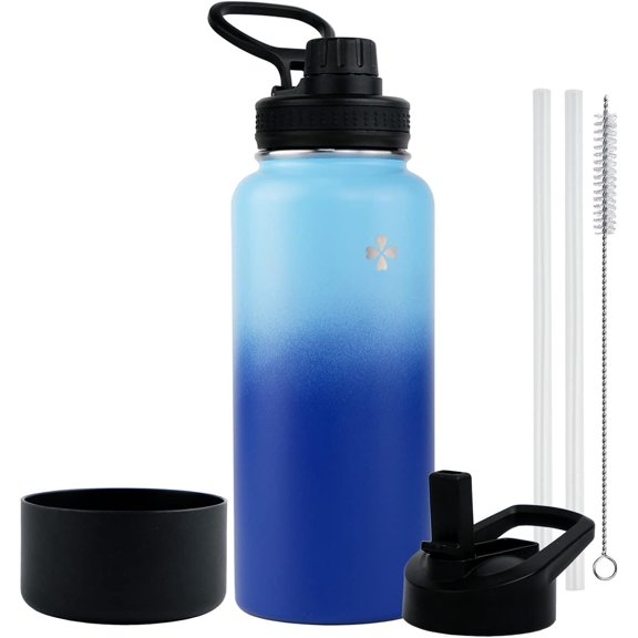 32 oz Coated Double Wall Vacuum Insulated Water Bottle, 18/8 Stainless Steel Wide Mouth Thermal Flask with Straw Lid & Spout Lid, Leak Proof, (Blue Navy 32 oz)