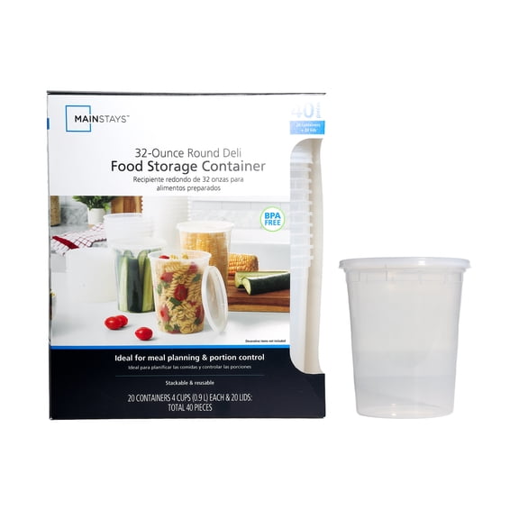 Mainstays 40 Piece 32oz Plastic Deli Container, Ideal Use for Meal Prep and Batch Cooking