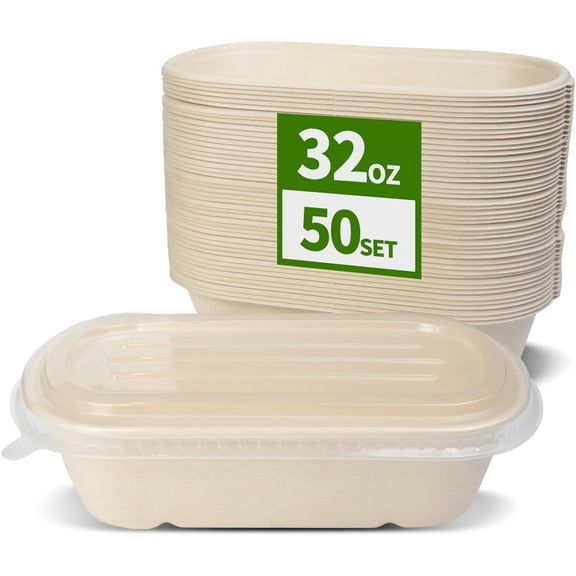 32 oz Disposable Meal Prep Containers with Lids 50 Pack | Food Lids, Compostable and Microwavable Togo Lunch Boxes for Prep, Take Out, Bowls