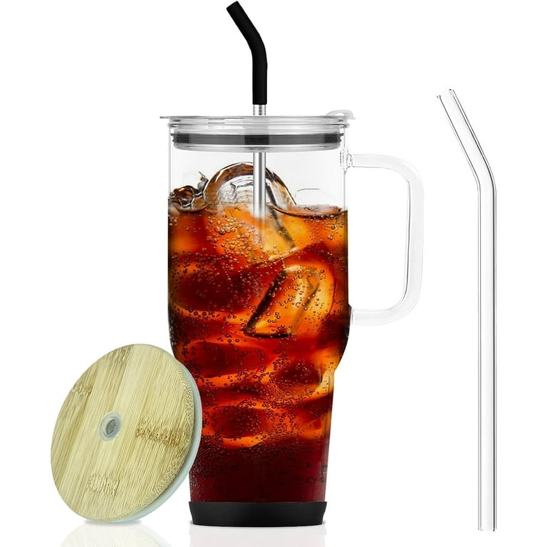 32 oz Drinking Glass Tumbler with Handle, Iced Coffee Cup with Straw and  Bamboo Lid, Reusable Glass Water Cup With Silicone Bumper for Beer, Fits In