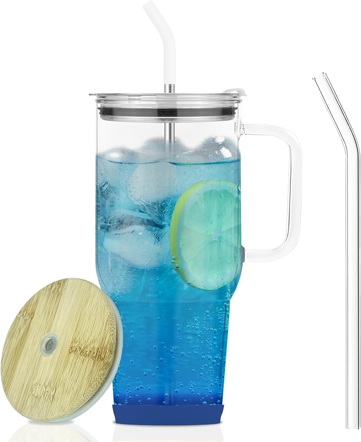 32 oz Glass Mug Tumbler W/Bamboo lid, Stainless Steel Straw – Cali