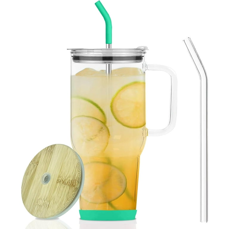 32 oz Drinking Glass Tumbler with Handle, Iced Coffee Cup with Straw and  Bamboo Lid, Reusable Glass Water Cup With Silicone Bumper for Beer, Fits In  Cup Holder, Dishwasher Safe, BPA Free