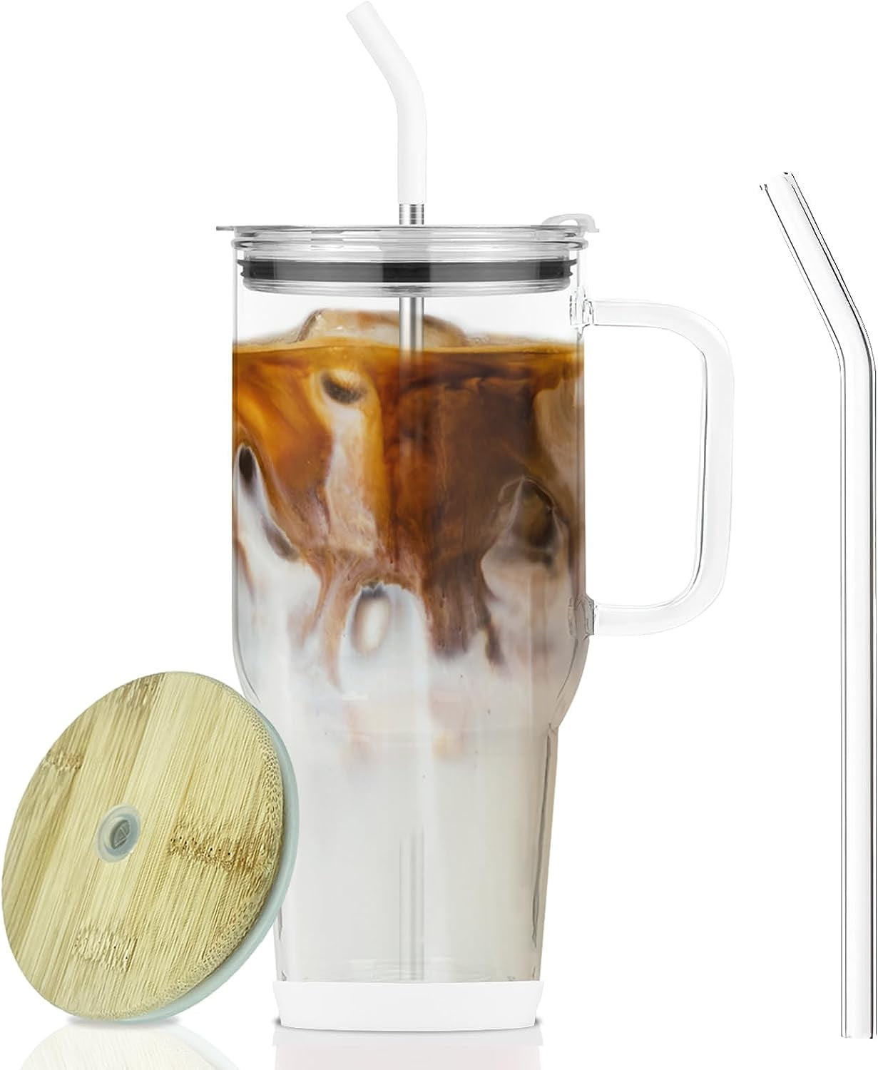 Combler Glass Cups with Lids and Straws, 12 oz Iced Coffee Cup for Coffee  Bar Accessories, Ribbed Gl…See more Combler Glass Cups with Lids and  Straws