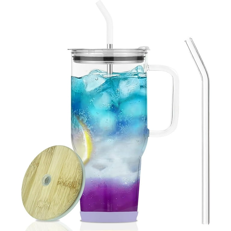 Glass Tumbler With Bamboo Lid And Straw, 32 Oz Iced Coffee Cup
