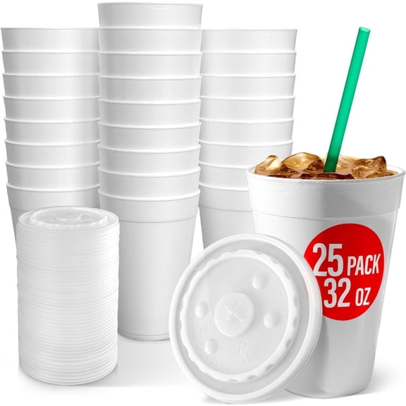 32 oz Foam Cups with Lids, 25 Pack - Insulated Disposable Styrofoam Cups for Hot & Cold Drinks, White Coffee Cups - Made in USA